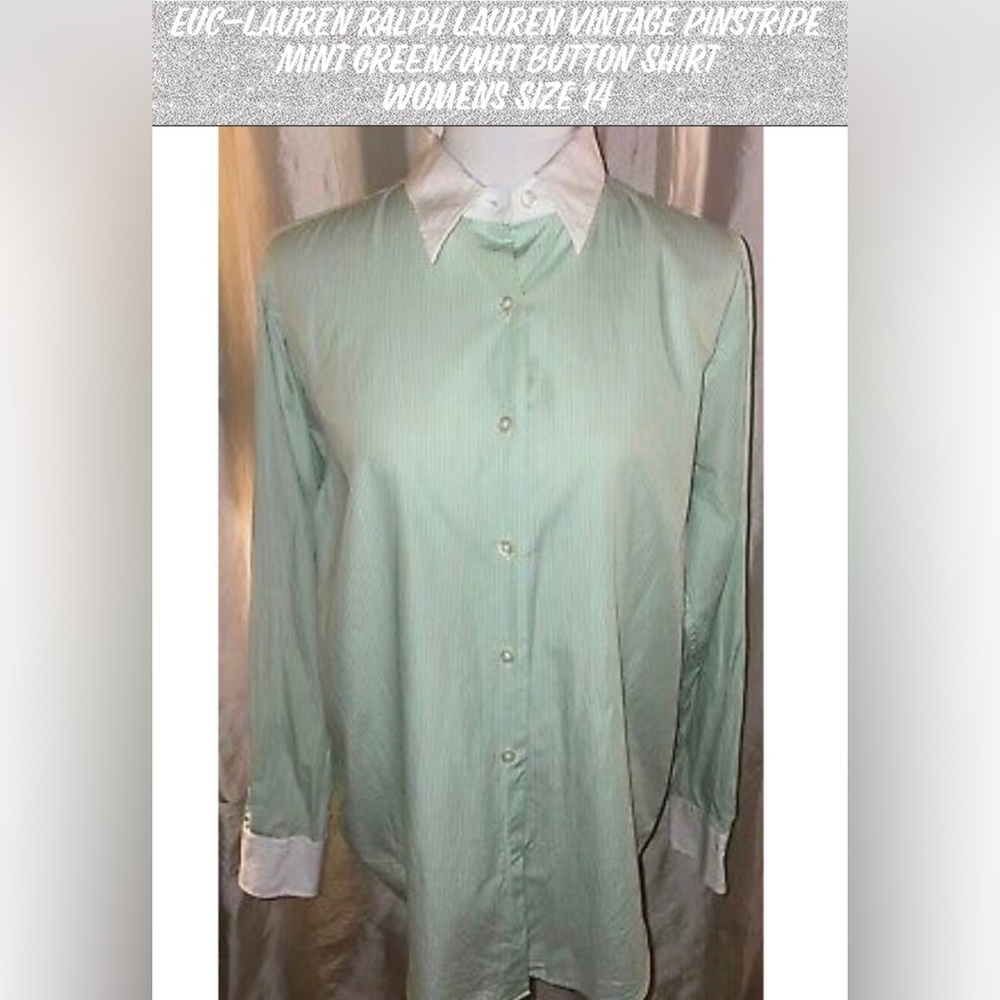EUC-Lauren Ralph Lauren Vintage Pinstripe Mint Green/Wht Button Shirt Womens 14